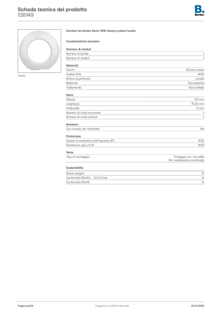 Immagine Berker Scheda tecnica del prodotto 138149 | Hager Italia