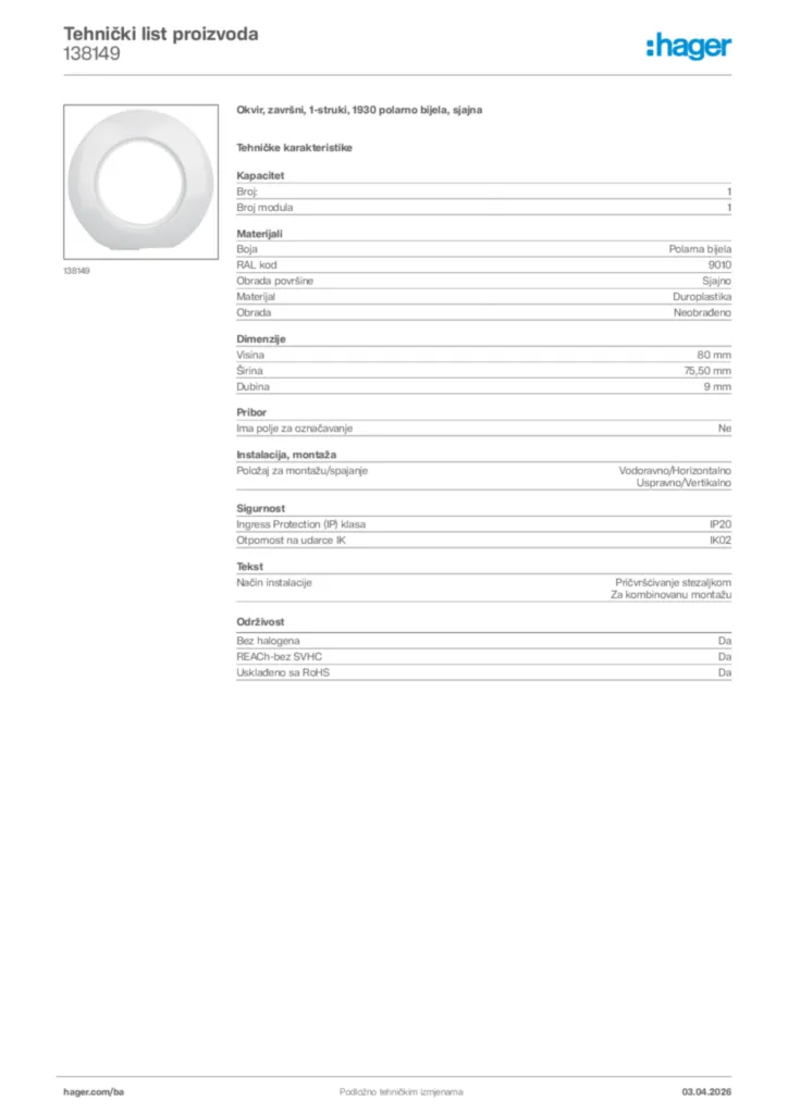 Slika Hager Tehnički list proizvoda 138149  | Hager