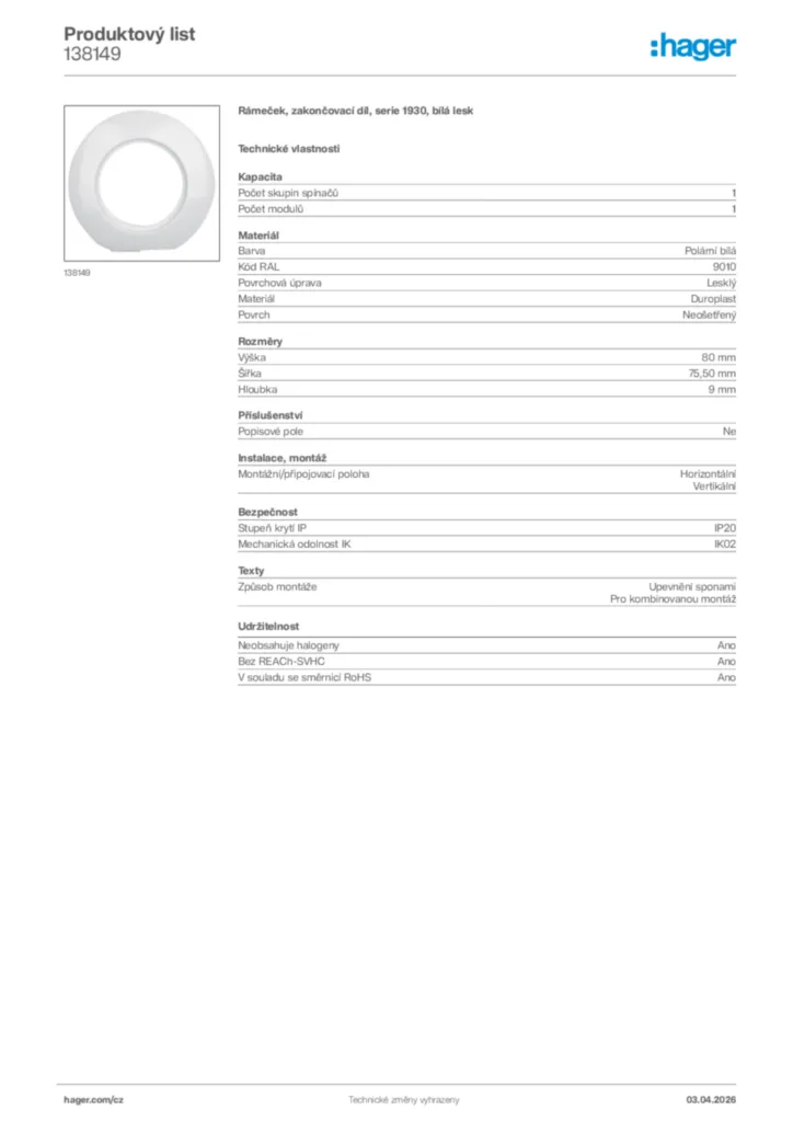 Obrázek Hager Product data sheet 138149 | Hager