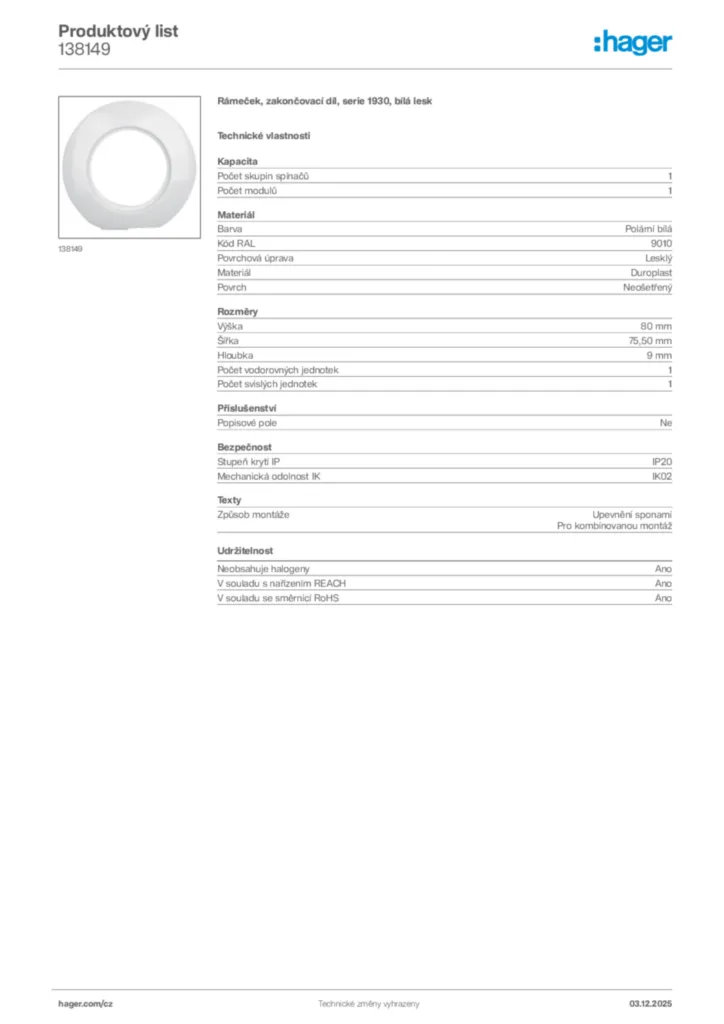 Obrázek Hager Product data sheet 138149 | Hager