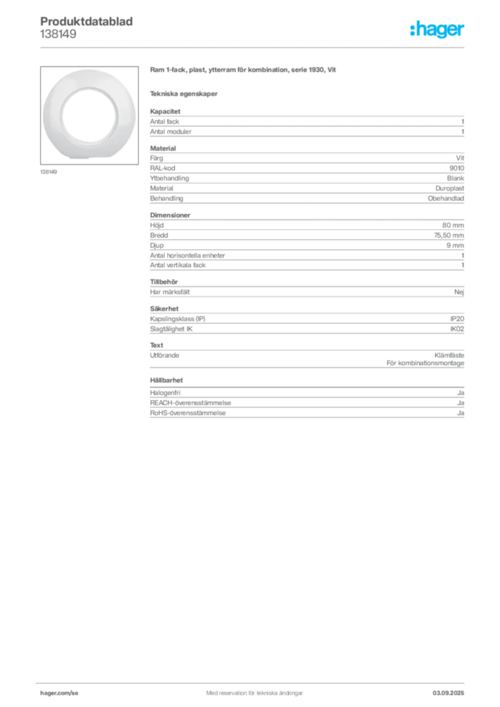 Bild Hager Produktdatablad 138149 | Hager Sverige
