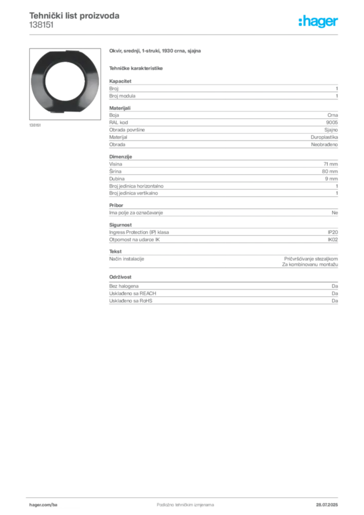 Slika Hager Product data sheet 138151  | Hager