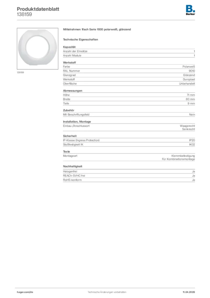 Bild Berker Produktdatenblatt 138159 | Hager Deutschland