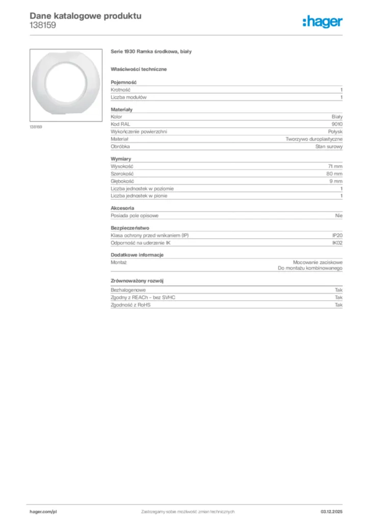 Zdjęcie Hager Karta katalogowa 138159 | Hager Polska
