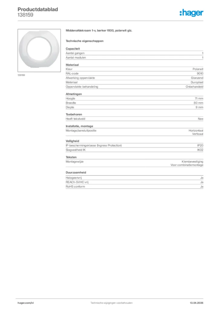 Afbeelding Hager Productdatablad 138159 | Hager Nederland