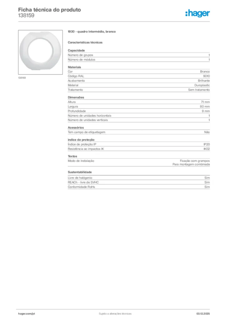 Imagem Hager Ficha técnica do produto 138159 | Hager Portugal