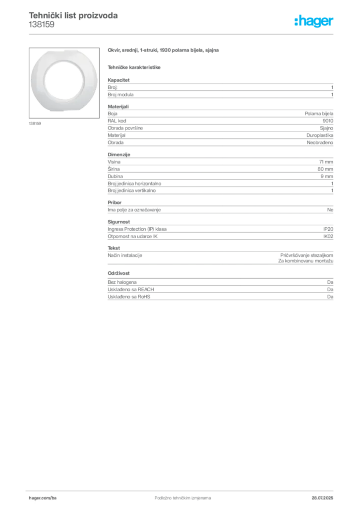 Slika Hager Product data sheet 138159  | Hager