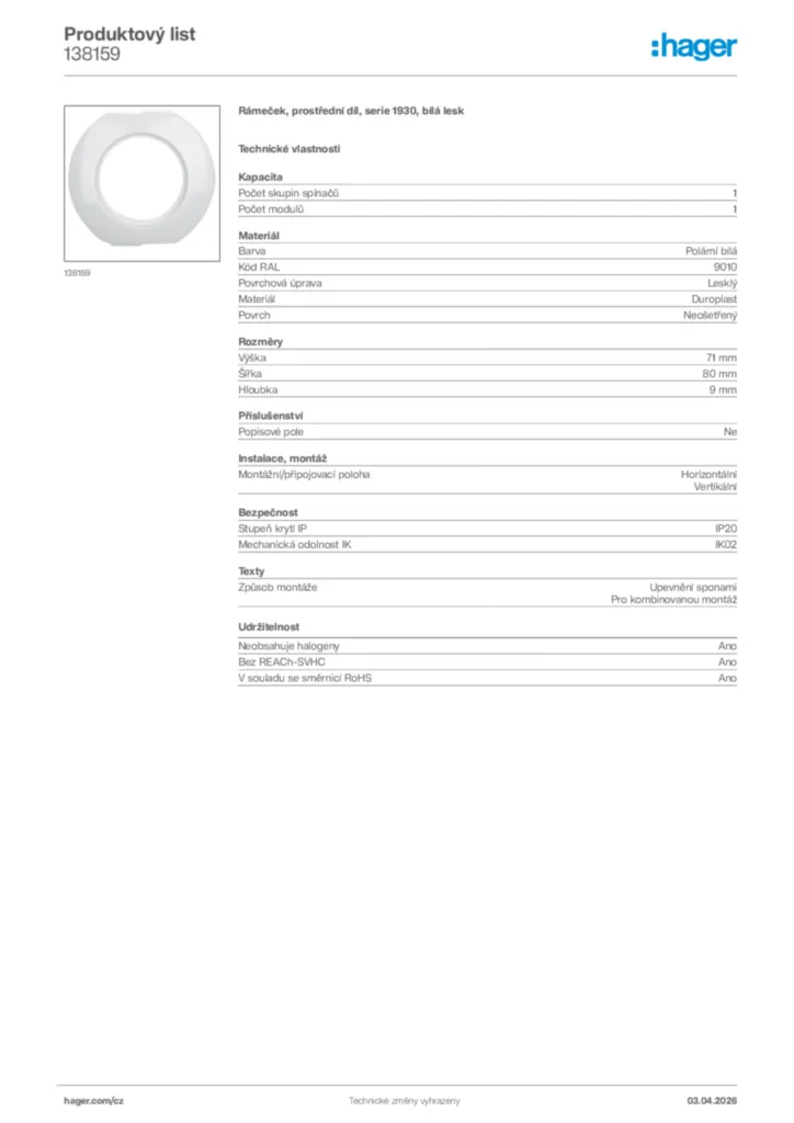 Obrázek Hager Product data sheet 138159 | Hager