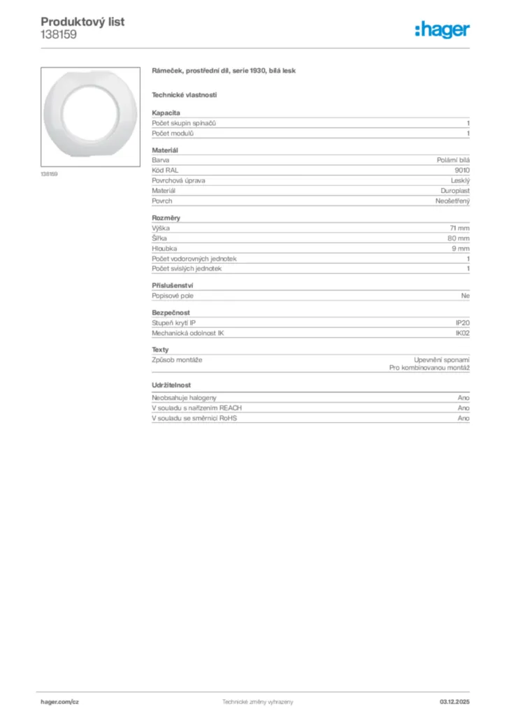 Obrázek Hager Product data sheet 138159 | Hager