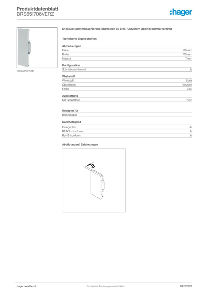 Bild Hager Produktdatenblatt BRS651706VERZ | Hager Schweiz