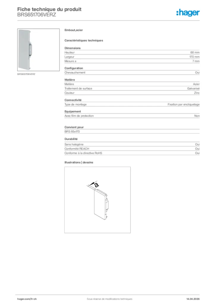Image Hager Fiche technique du produit BRS651706VERZ | Hager Suisse