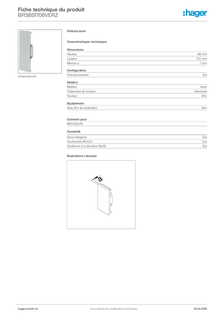 Image Hager Fiche technique du produit BRS651706VERZ | Hager Suisse