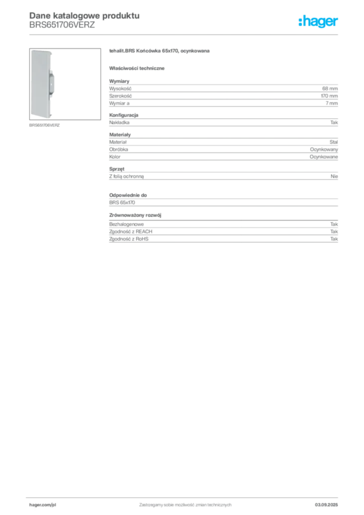 Zdjęcie Hager Dane katalogowe produktu BRS651706VERZ | Hager Polska