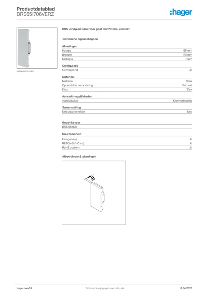 Afbeelding Hager Productdatablad BRS651706VERZ | Hager Nederland