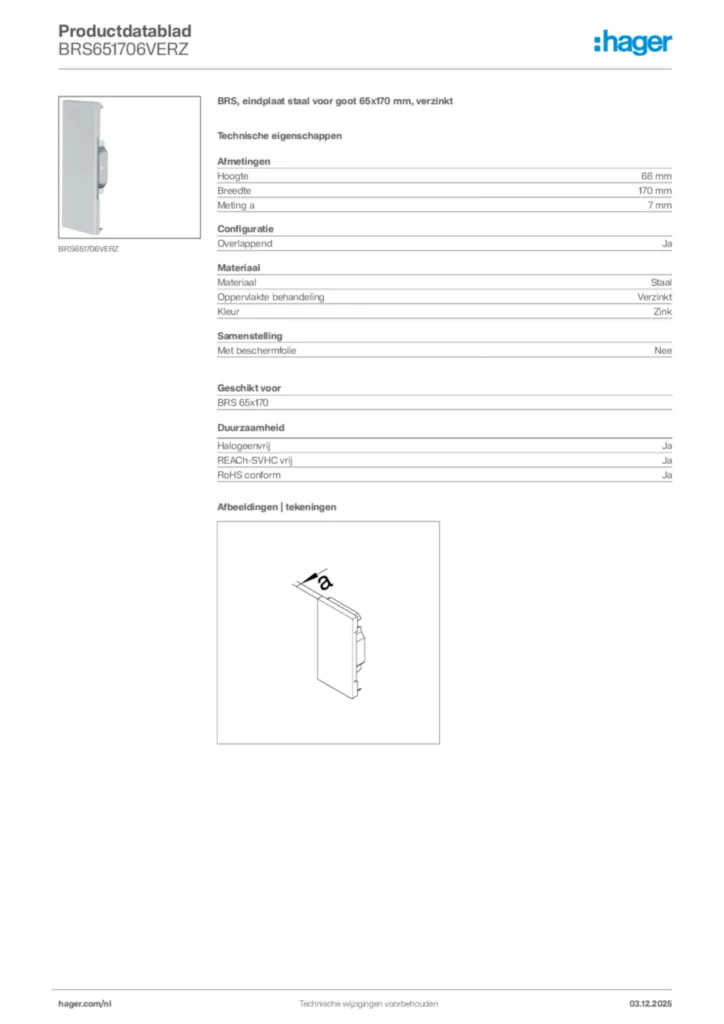 Afbeelding Hager Productdatablad BRS651706VERZ | Hager Nederland