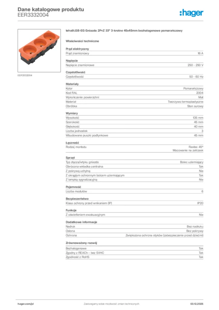 Zdjęcie Hager Karta katalogowa EER3332004 | Hager Polska