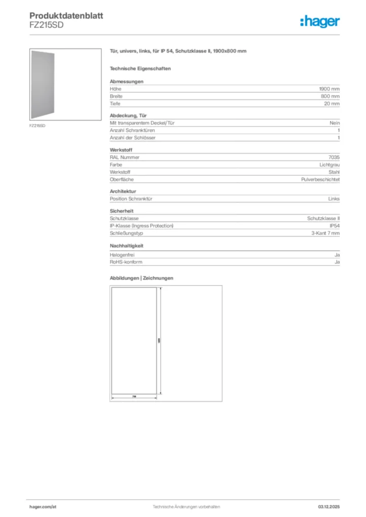 Bild Hager Produktdatenblatt FZ215SD | Hager Deutschland