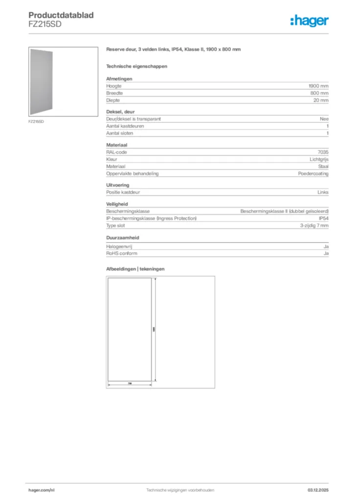 Afbeelding Hager Productdatablad FZ215SD | Hager Nederland