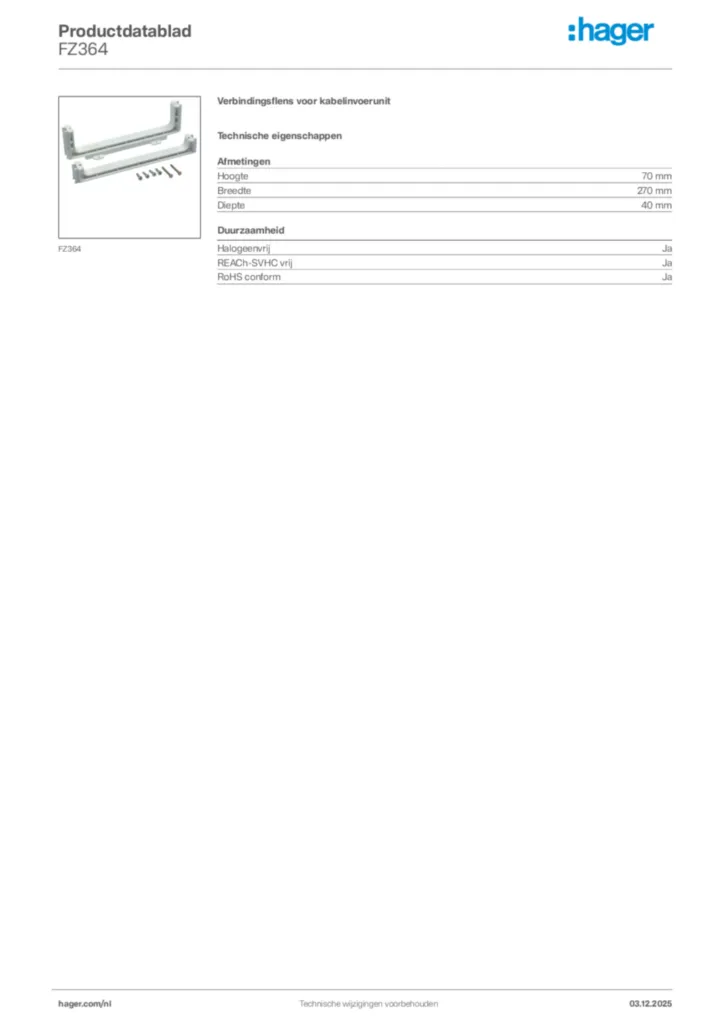 Afbeelding Hager Productdatablad FZ364 | Hager Nederland