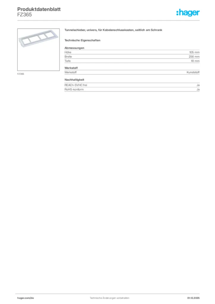 Bild Hager Produktdatenblatt FZ365 | Hager Deutschland