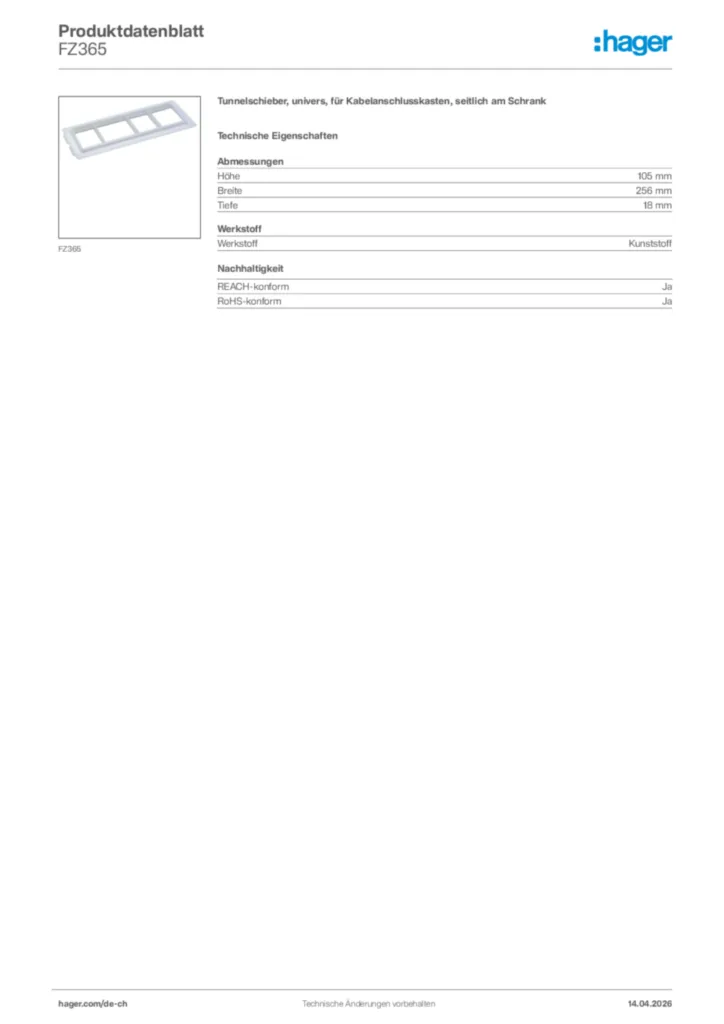Bild Hager Produktdatenblatt FZ365 | Hager Schweiz