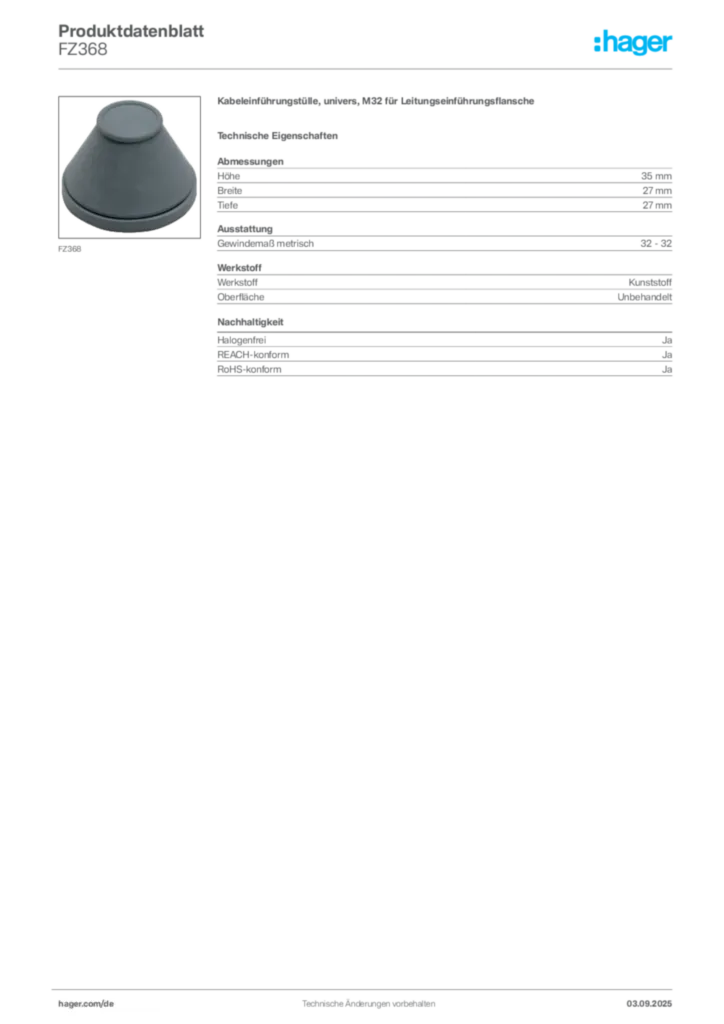 Bild Hager Produktdatenblatt FZ368 | Hager Deutschland