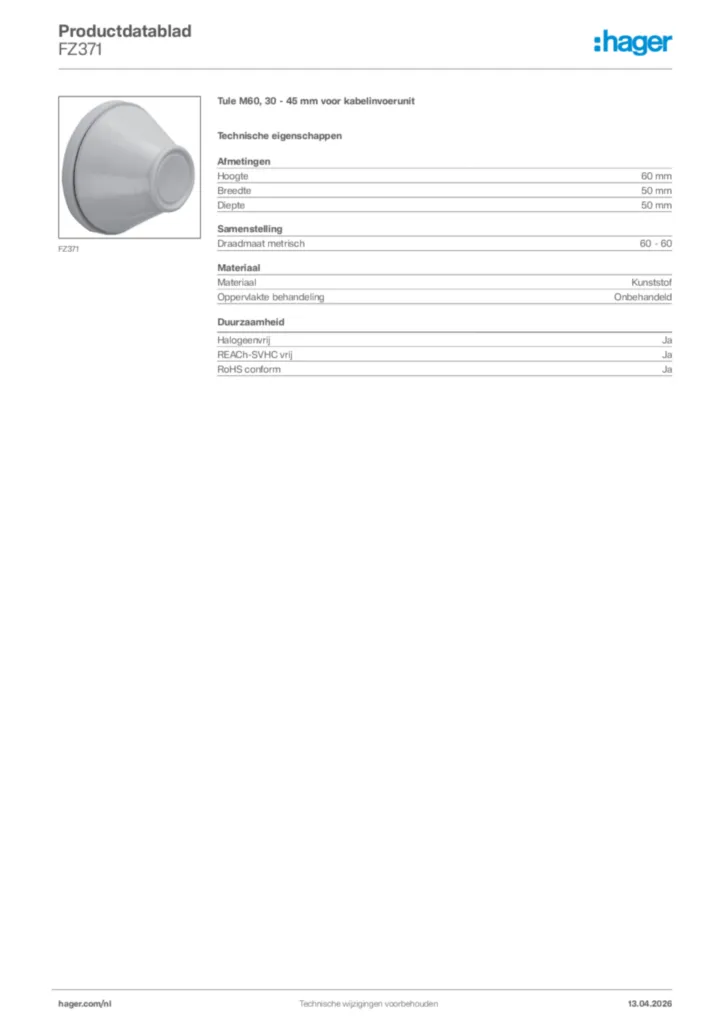 Afbeelding Hager Productdatablad FZ371 | Hager Nederland