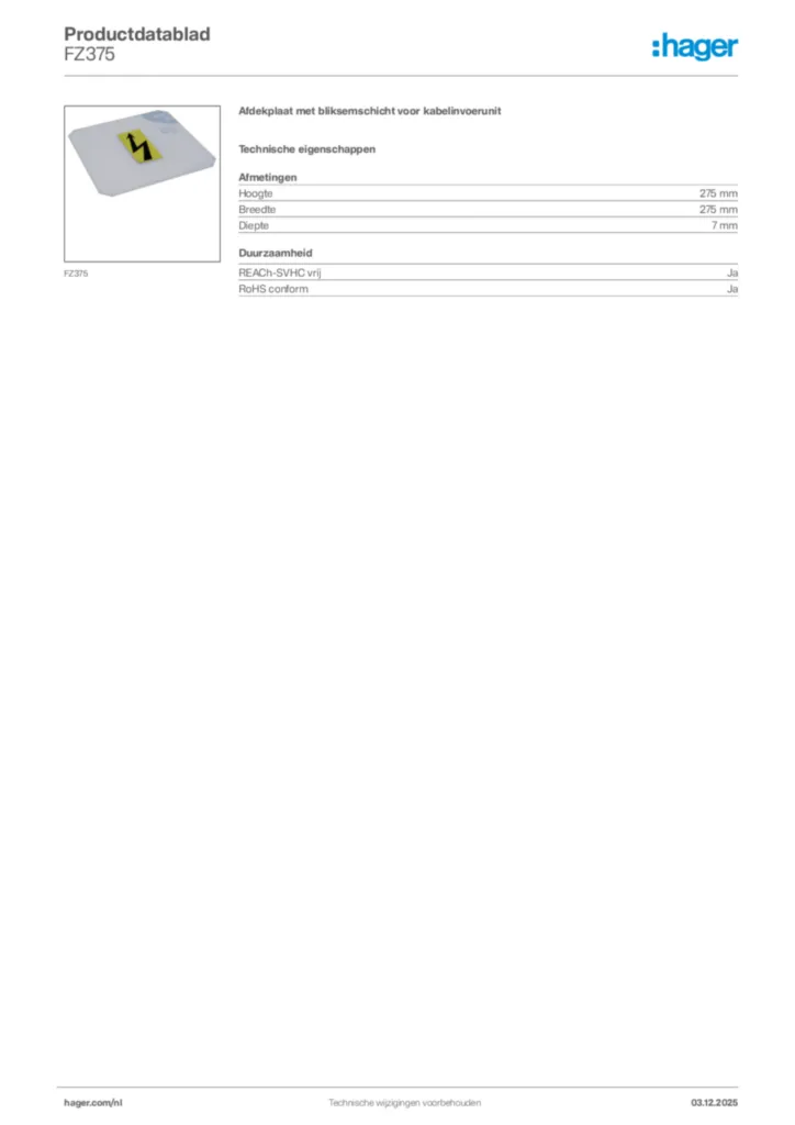 Afbeelding Hager Productdatablad FZ375 | Hager Nederland