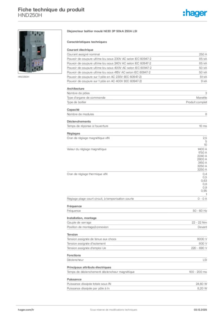 Image Hager Fiche technique du produit HND250H | Hager France