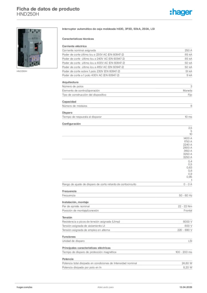 Imagen Hager Ficha de datos de producto HND250H | Hager España