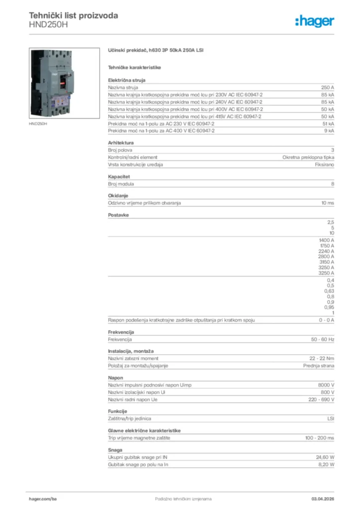 Slika Hager Tehnički list proizvoda HND250H  | Hager
