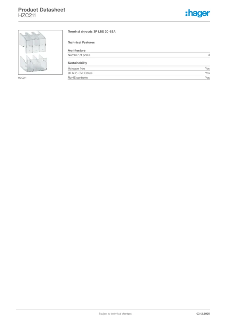 Image Hager Product data sheet HZC211  | Hager Africa