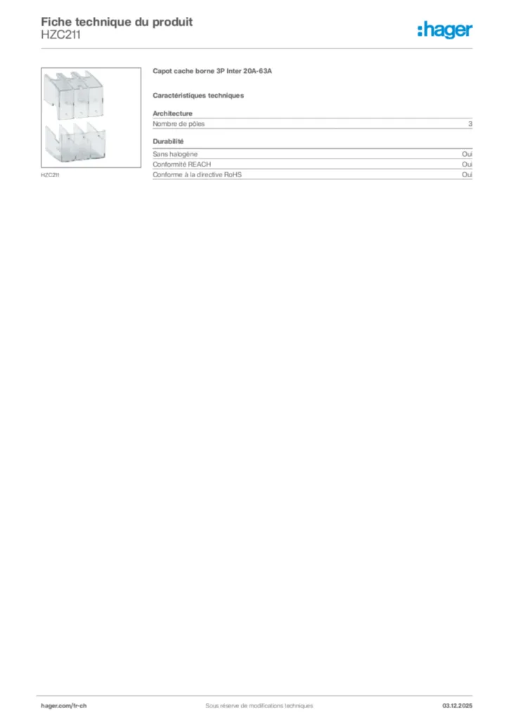 Image Hager Fiche technique du produit HZC211 | Hager Suisse