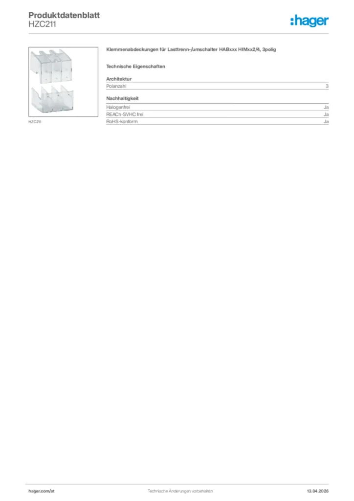 Bild Hager Produktdatenblatt HZC211 | Hager Deutschland