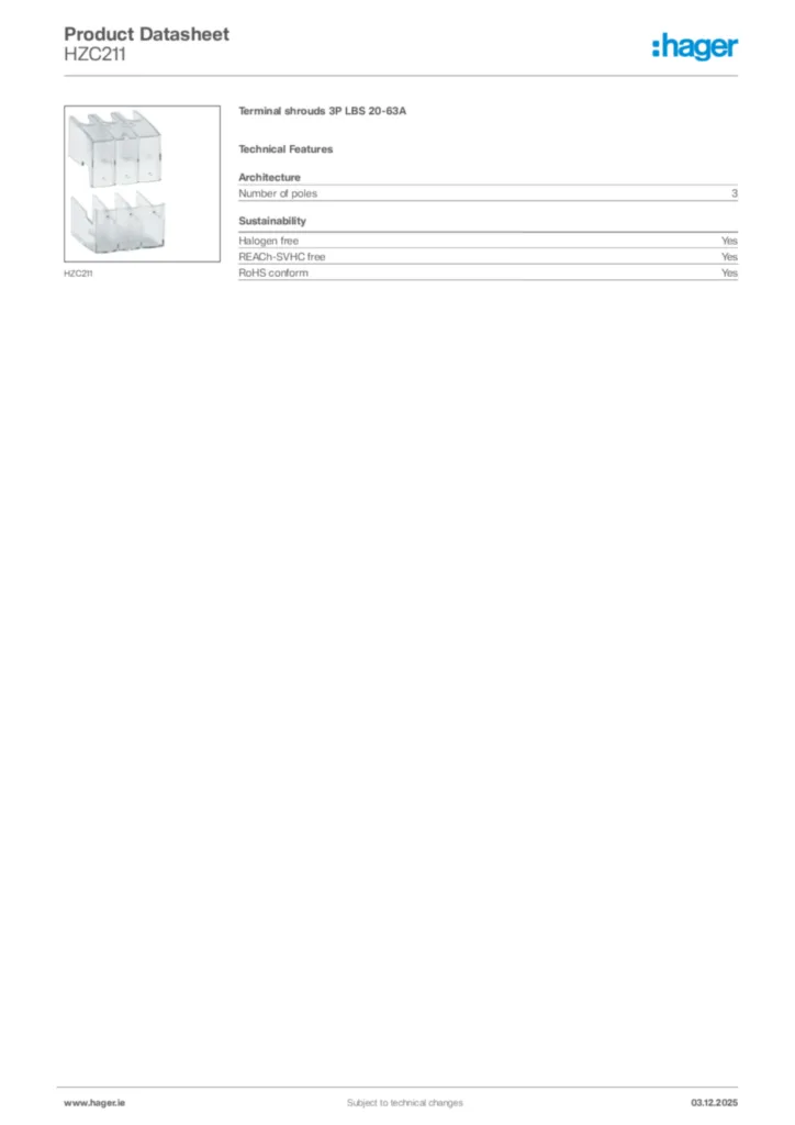 Image Hager Product data sheet HZC211  | Hager