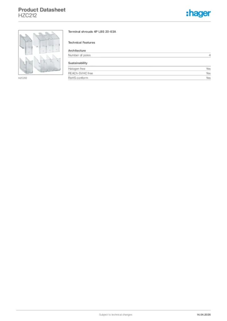Image Hager Product data sheet HZC212  | Hager Africa
