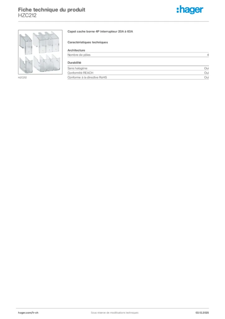 Image Hager Fiche technique du produit HZC212 | Hager Suisse