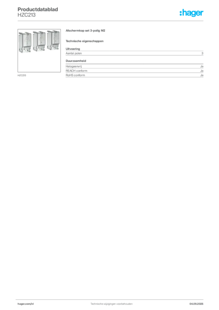 Afbeelding Hager Productdatablad HZC213 | Hager Nederland