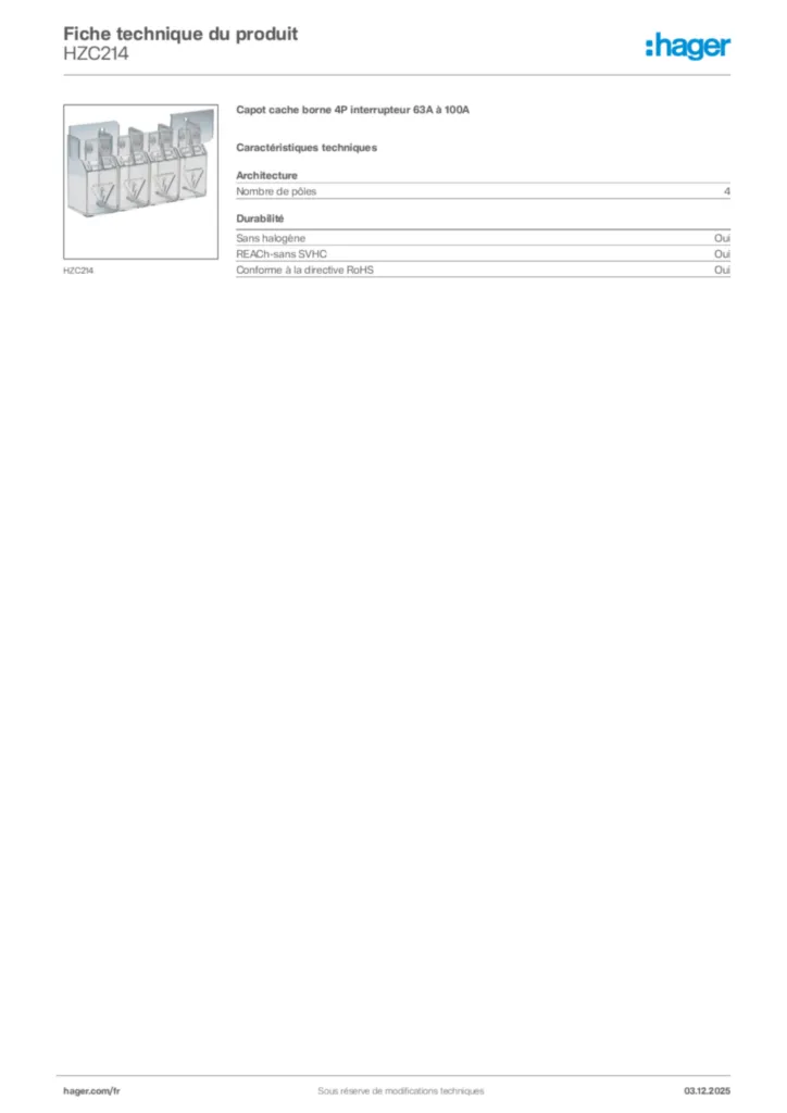 Image Hager Fiche technique du produit HZC214 | Hager France