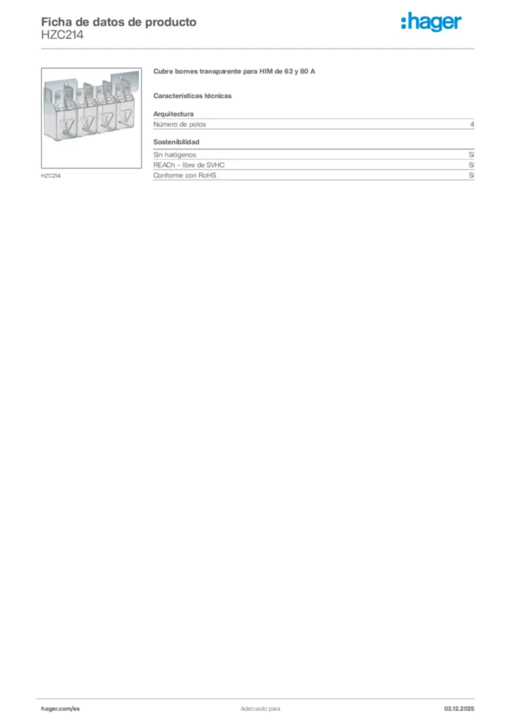 Imagen Hager Ficha de datos de producto HZC214 | Hager España
