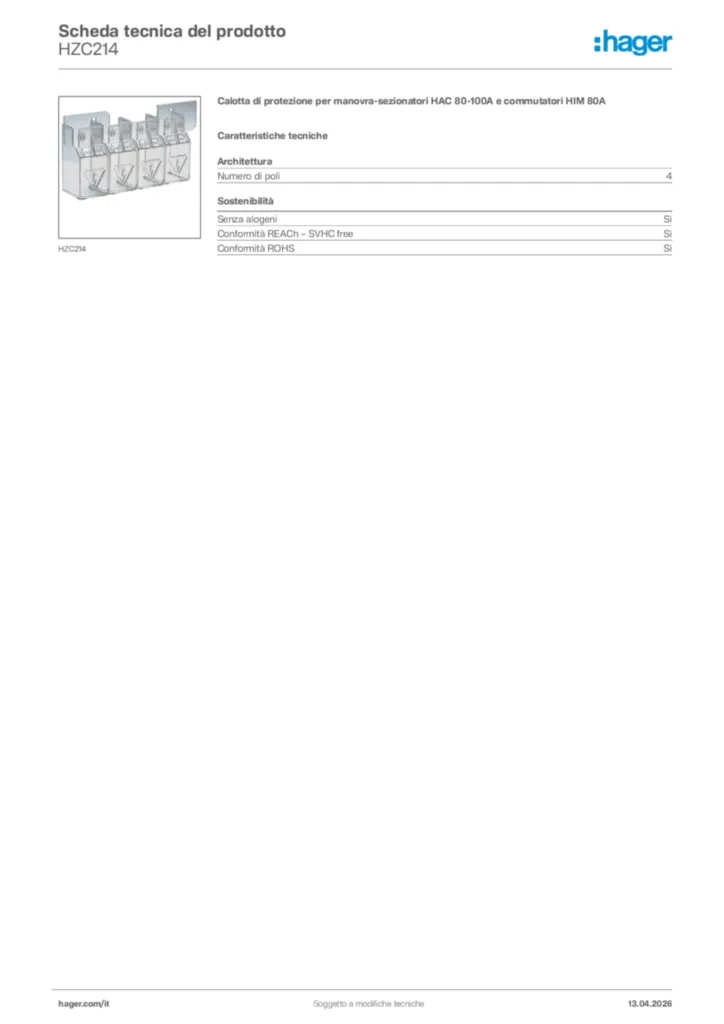 Immagine Hager Scheda tecnica del prodotto HZC214 | Hager Italia