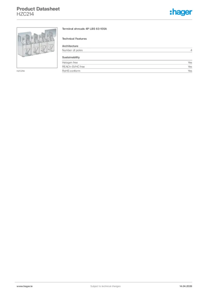 Image Hager Product data sheet HZC214  | Hager