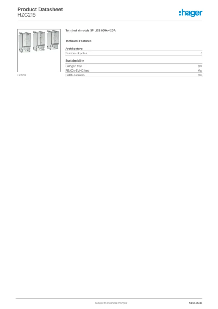 Image Hager Product data sheet HZC215  | Hager Africa