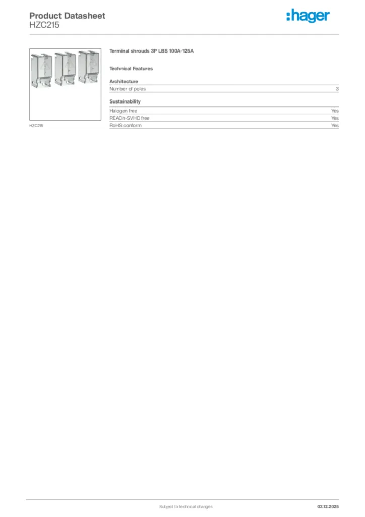Image Hager Product data sheet HZC215  | Hager Africa