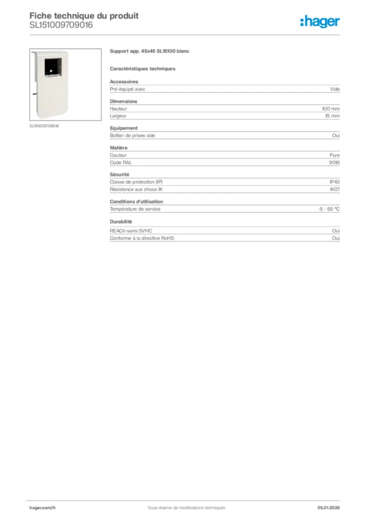 Image Hager Fiche technique du produit SL151009709016 | Hager France