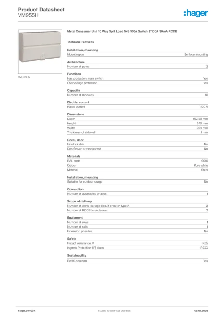 Image Hager Product data sheet VM955H  | Hager