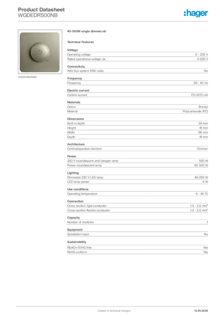 Image Hager Product data sheet WGDEDR500NB  | Hager Africa
