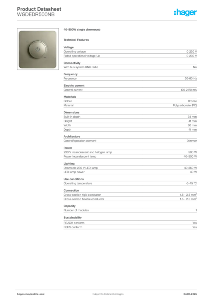 Image Hager Product data sheet WGDEDR500NB  | Hager