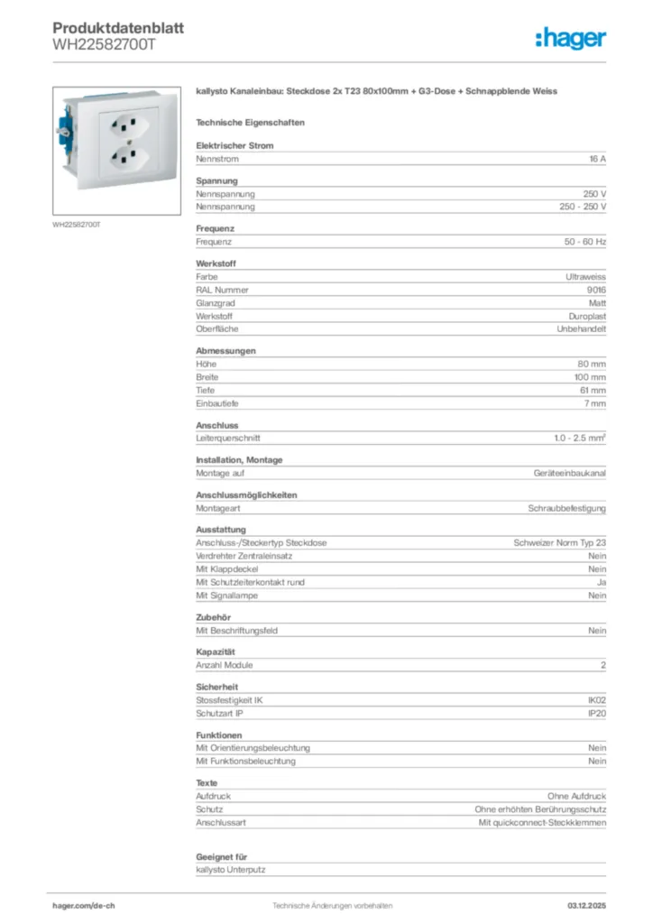Bild Hager Produktdatenblatt WH22582700T | Hager Schweiz