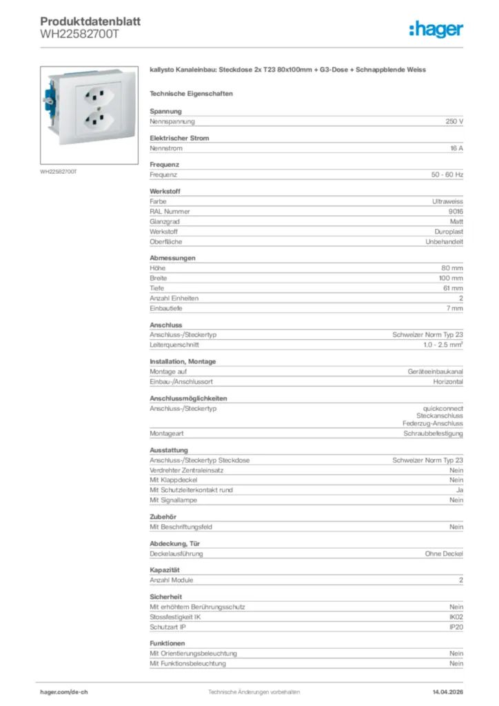 Bild Hager Produktdatenblatt WH22582700T | Hager Schweiz